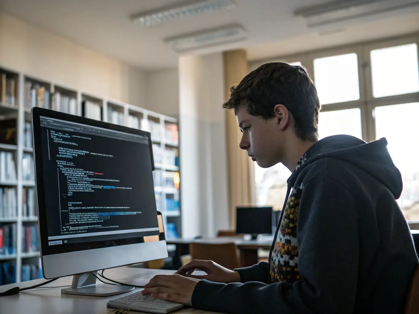 A focused student working on a Python programming exercise on their laptop, with code visible on the screen, in a modern classroom setting.