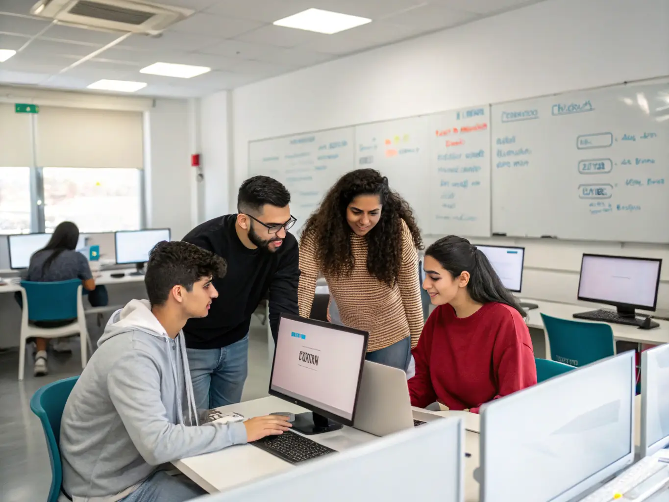 A group of students collaborating on a machine learning project, using algorithms and models to predict outcomes, in a collaborative workspace.