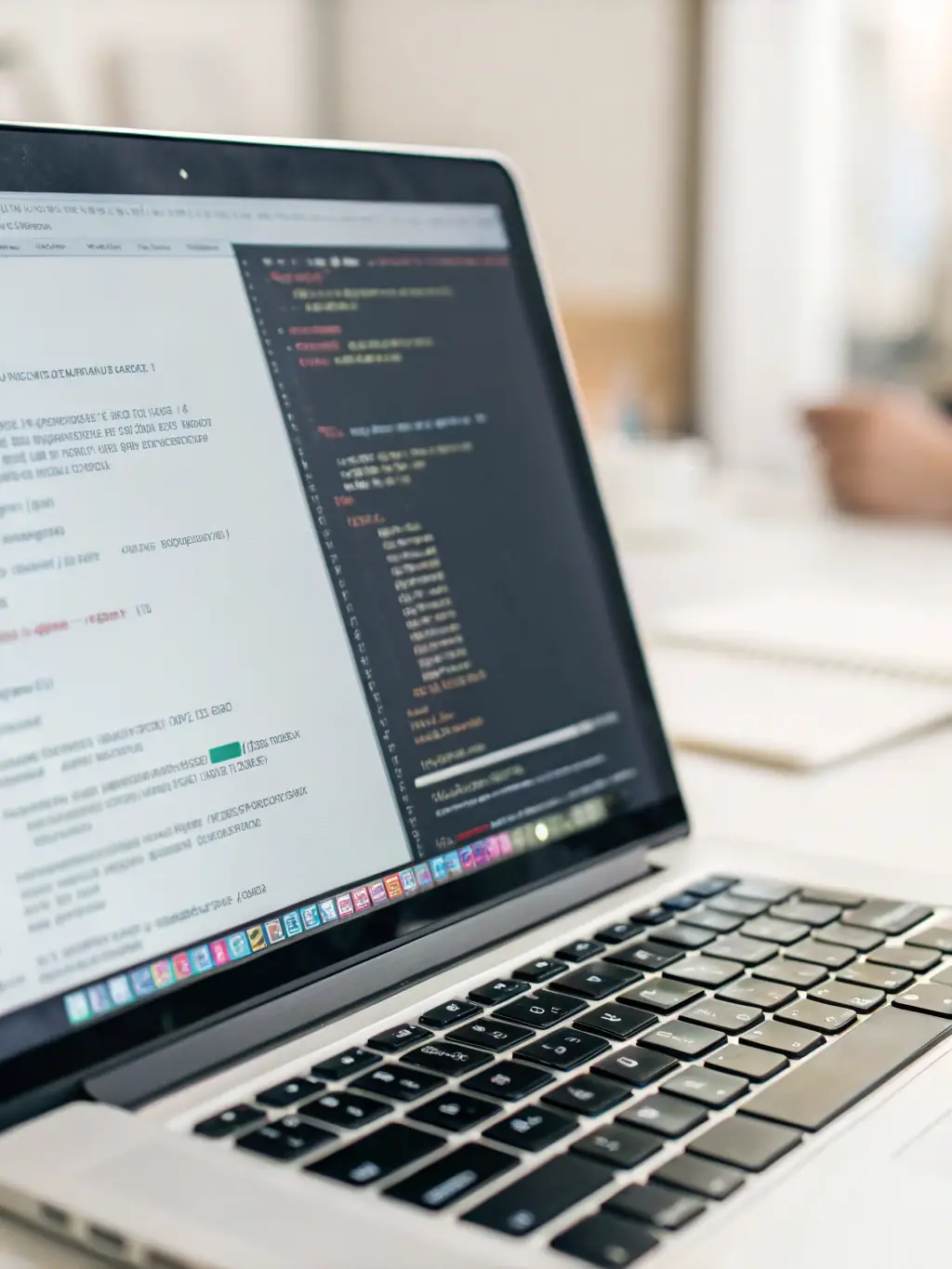 A focused close-up shot of Python code on a laptop screen, highlighting syntax and structure, in a modern classroom setting.