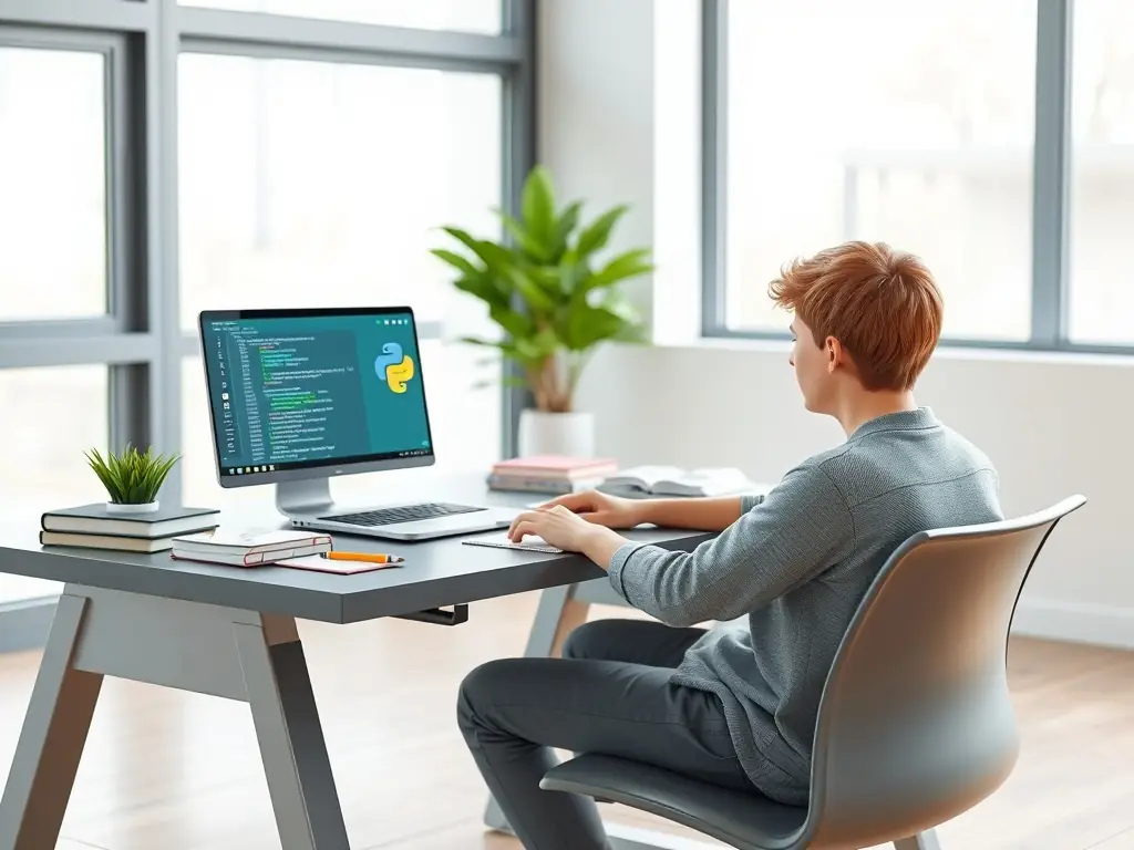 A student coding Python on a laptop, with a focus on data analysis and manipulation, in a modern classroom setting.