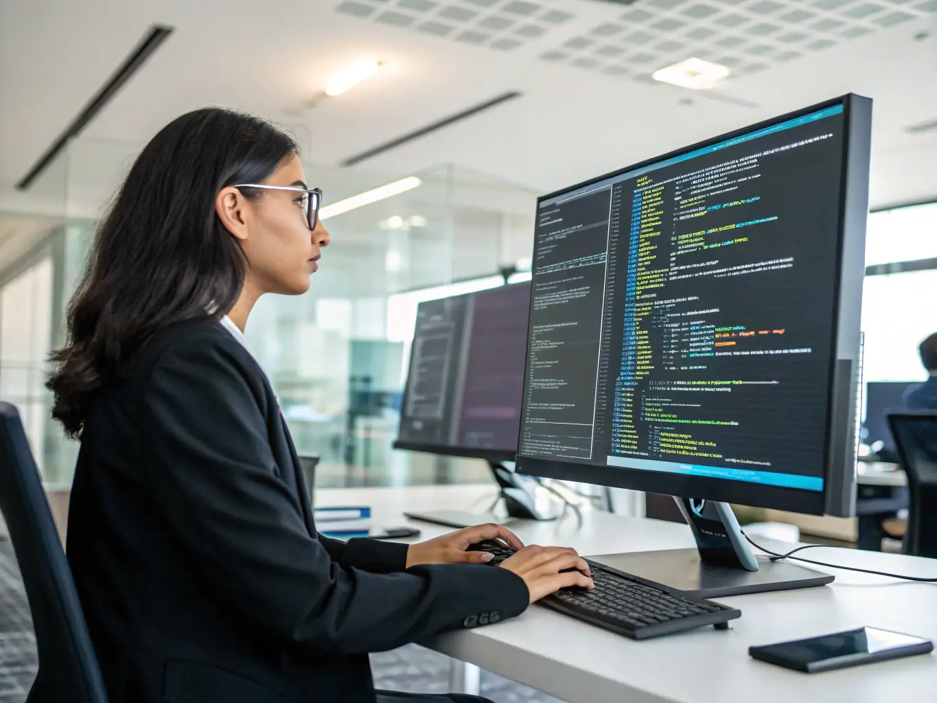 A data scientist working with R programming language on a desktop, focusing on statistical computing and graphics, in a bright office environment.