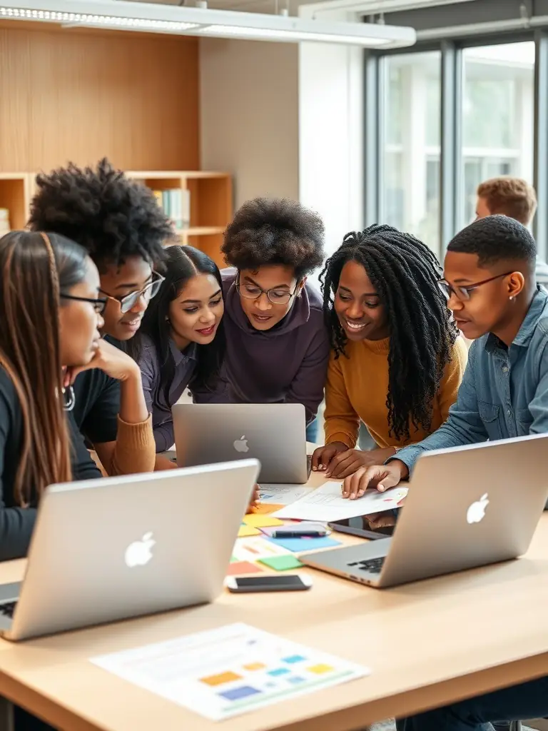 A diverse group of students collaborating on a data science project, using various tools and techniques, in a modern learning environment.