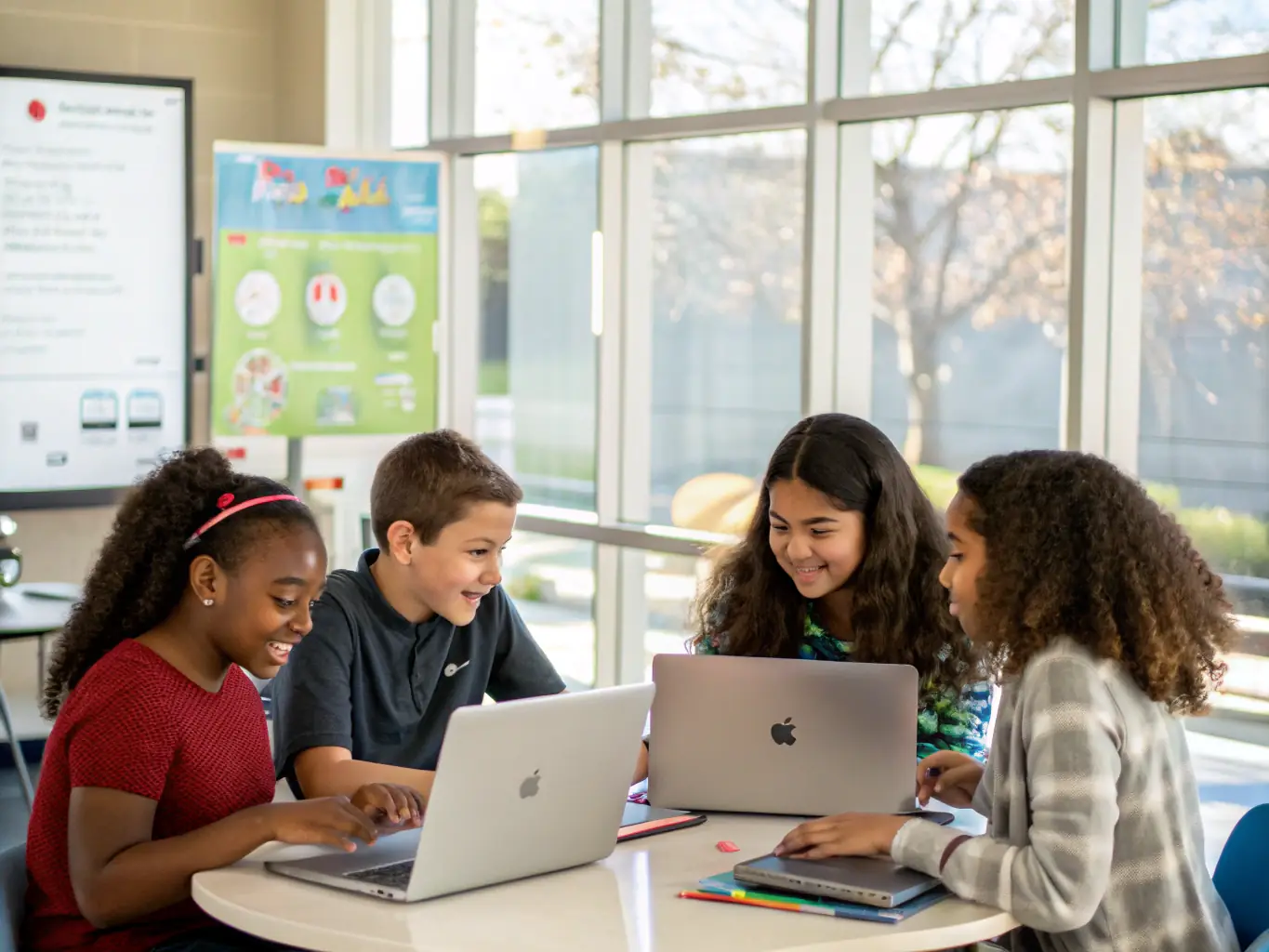 A group of students collaborating on a machine learning project, discussing algorithms and model performance in a collaborative workspace.